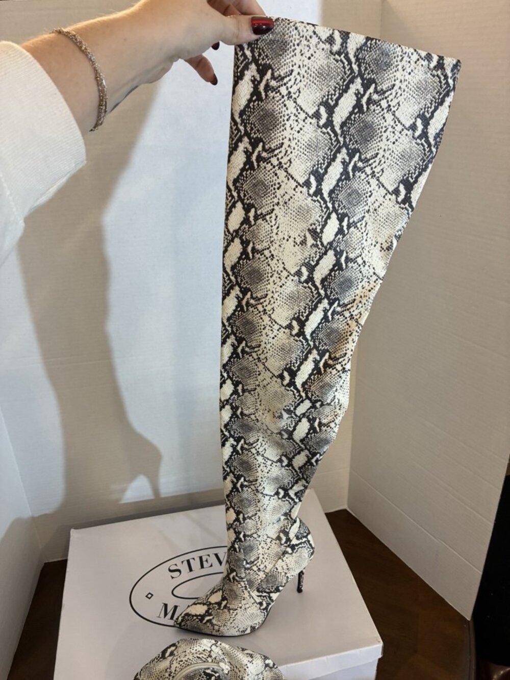 Steve Madden DOMINIQUE Thigh High Boot In The Color Natural Snake Size 6
